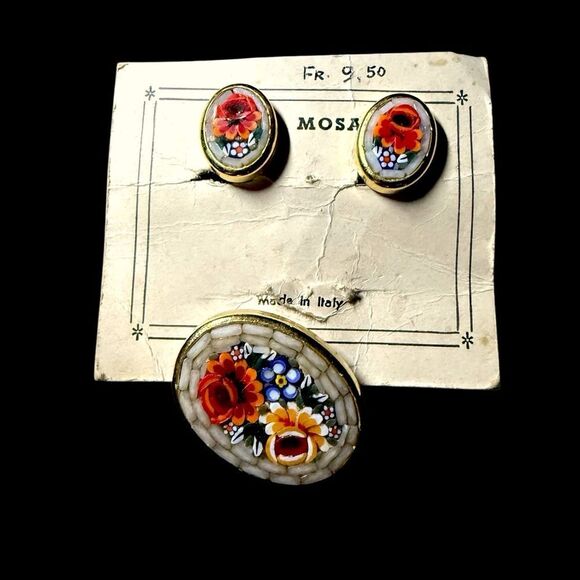 Vintage Italian Floral Micro Mosaic Earrings & Brooch Set on Card - Picture 3 of 11